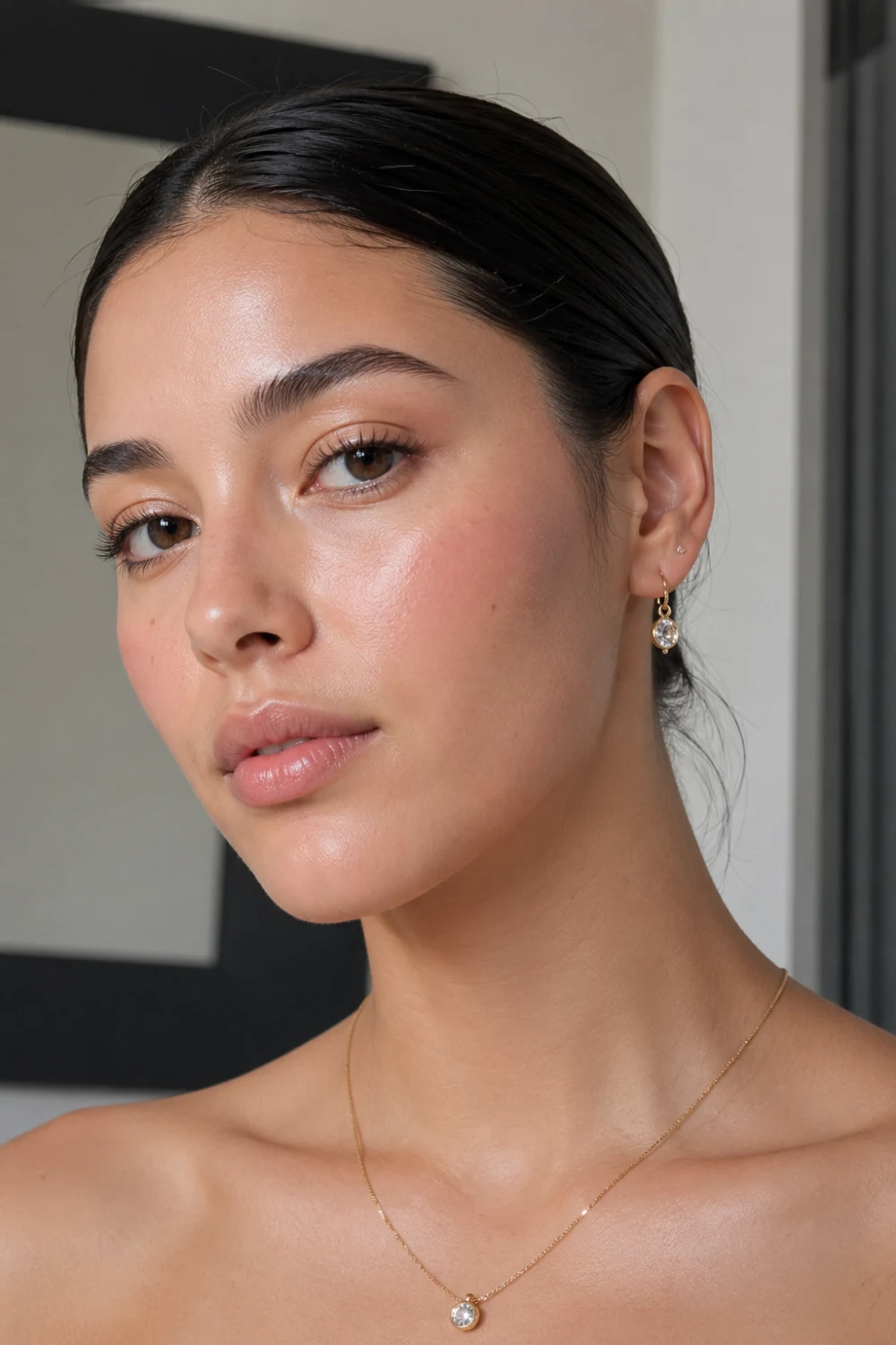 minimal no makeup bridal look close up natural skin glow soft blush tinted lips clean girl bridal makeup