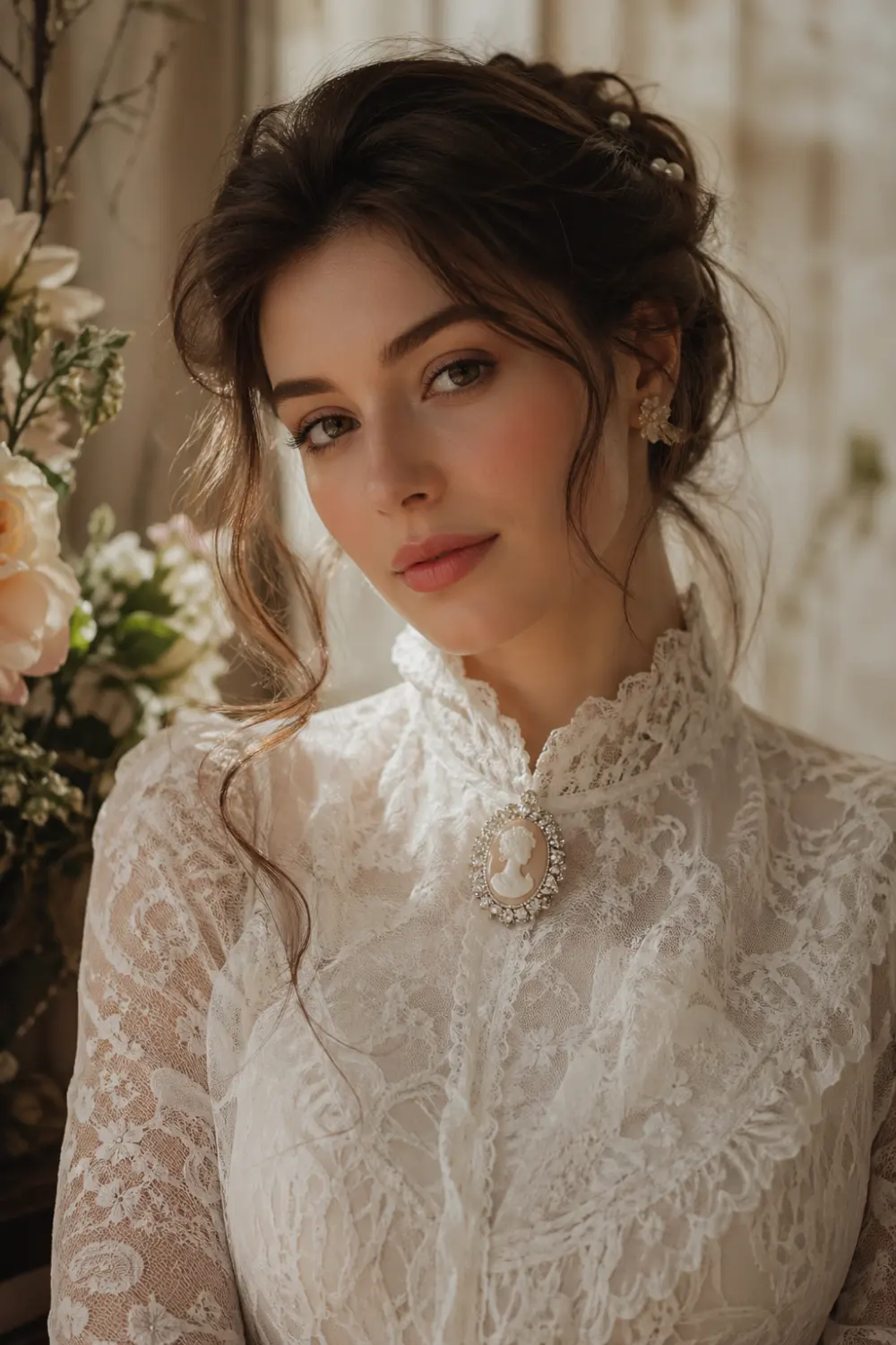 Model wearing a delicate lace dress styled with a cameo crystal brooch at the neckline, vintage-inspired look, soft warm lighting, romantic and feminine aesthetic