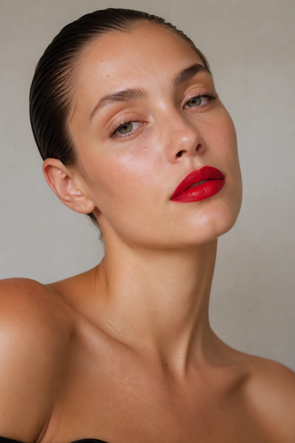 Natural glowing skin beauty look with slicked back hair, bright red lipstick, minimal eye makeup, soft nude tones, clean background, fresh effortless glam aesthetic