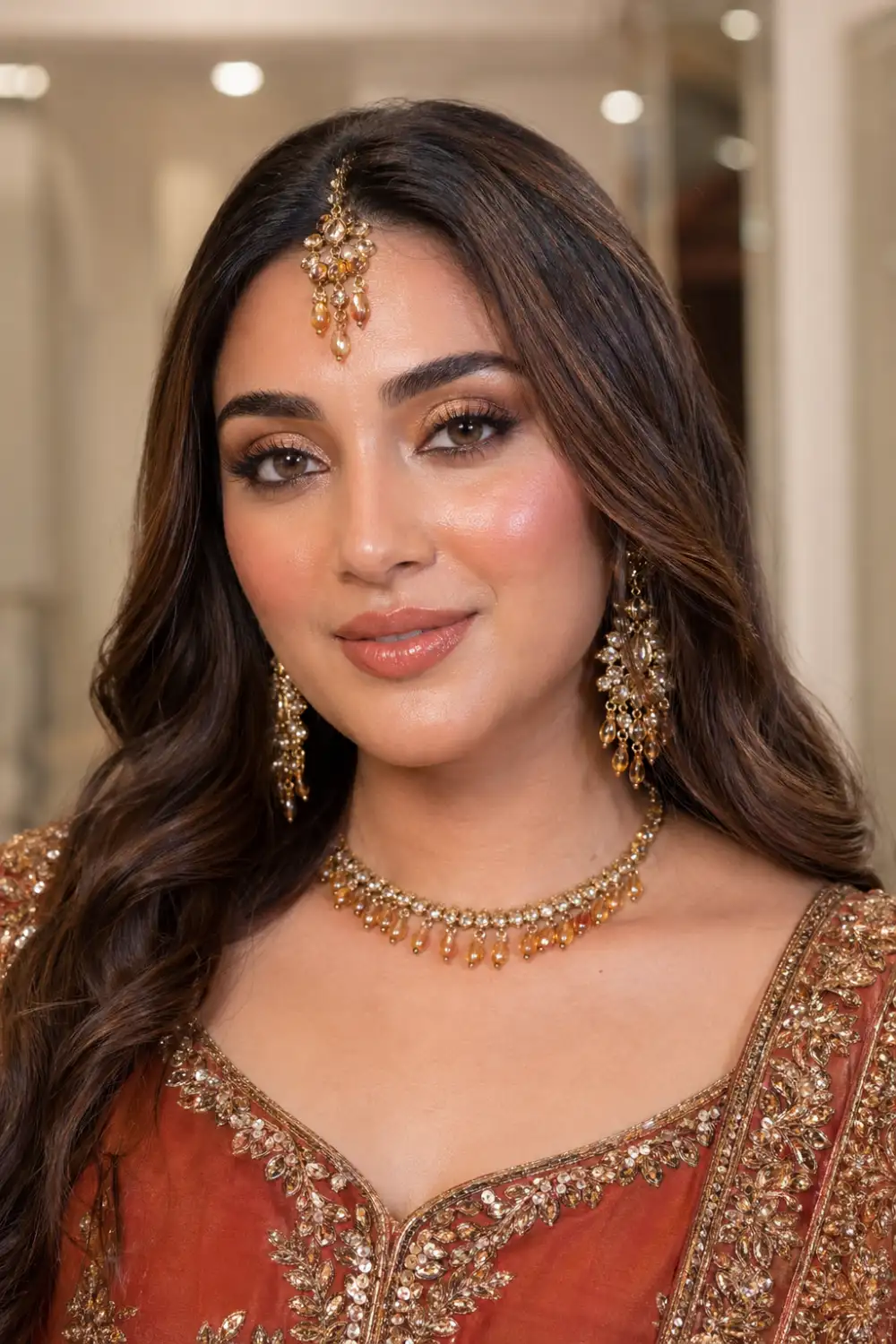 Sun kissed bridesmaid blush makeup with bronzed glow, warm skin tones, luminous finish, Pakistani bridesmaid portrait, glowing bridal makeup look