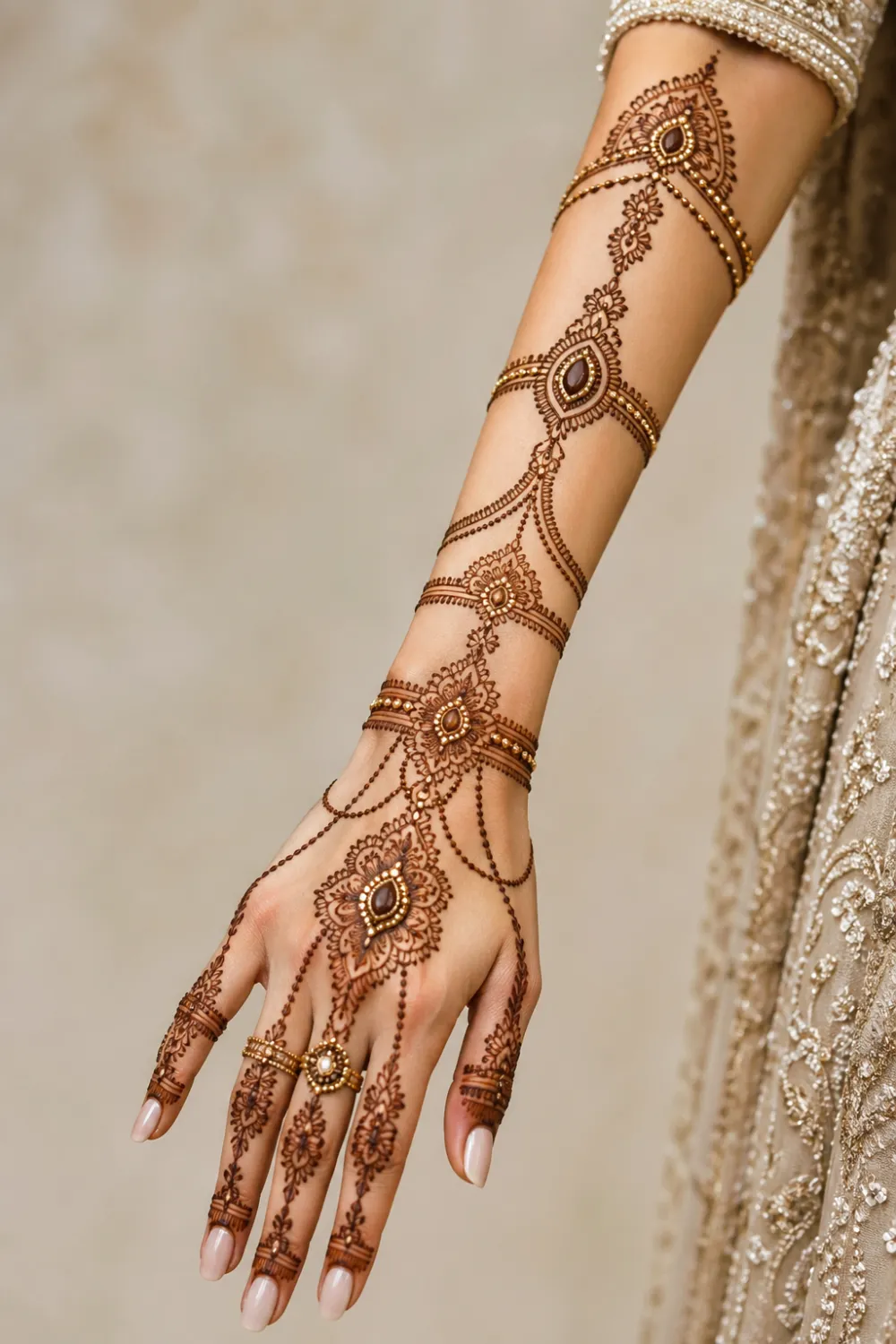jewelry style full sleeve mehndi design with chain patterns, rings, bracelet motifs, delicate ornamental henna connecting fingers to arm, modern bridal mehndi look with elegant spacing