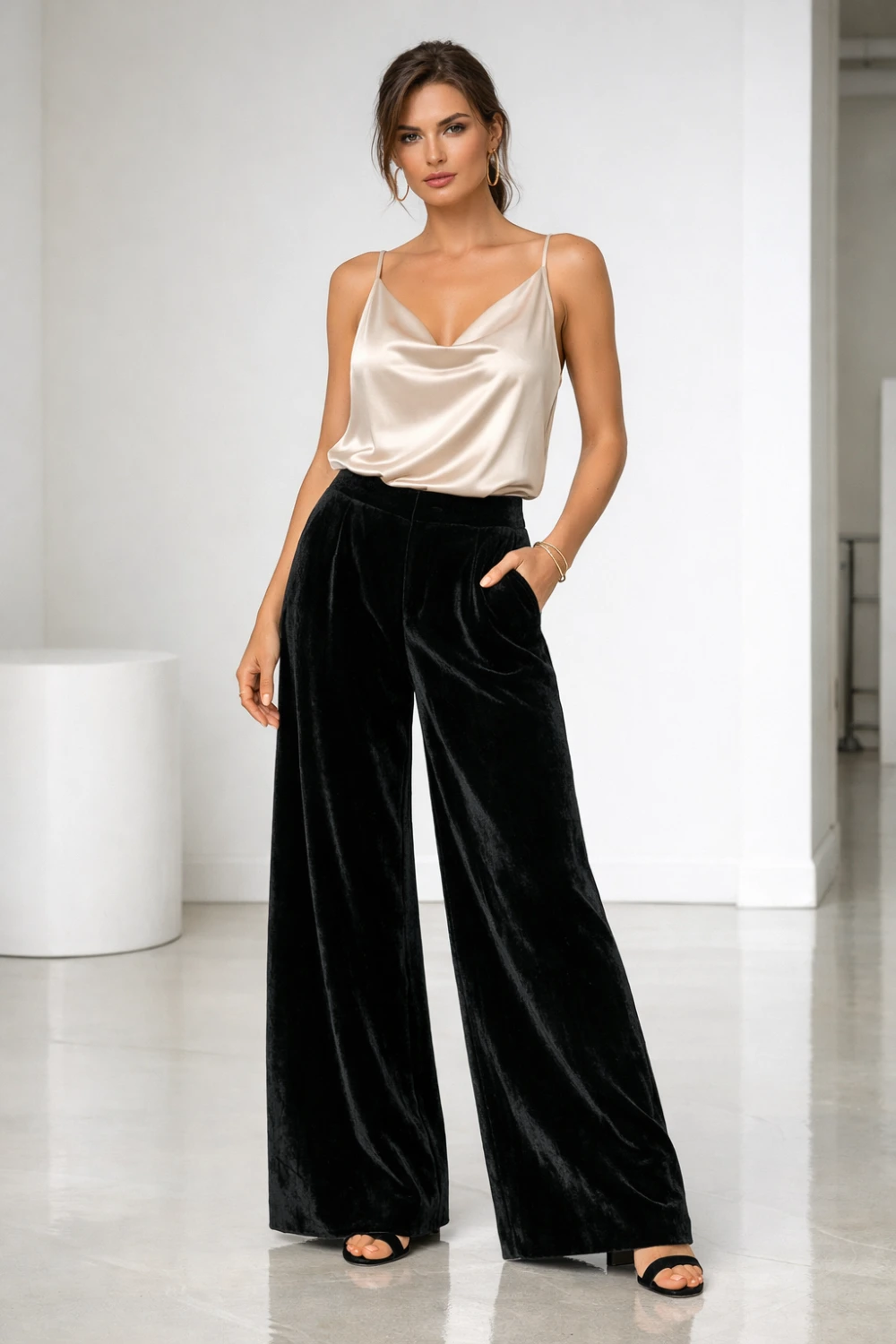 Black velvet wide leg pants paired with a satin top on a model in a bright clean studio interior, soft lighting, modern chic outfit styling