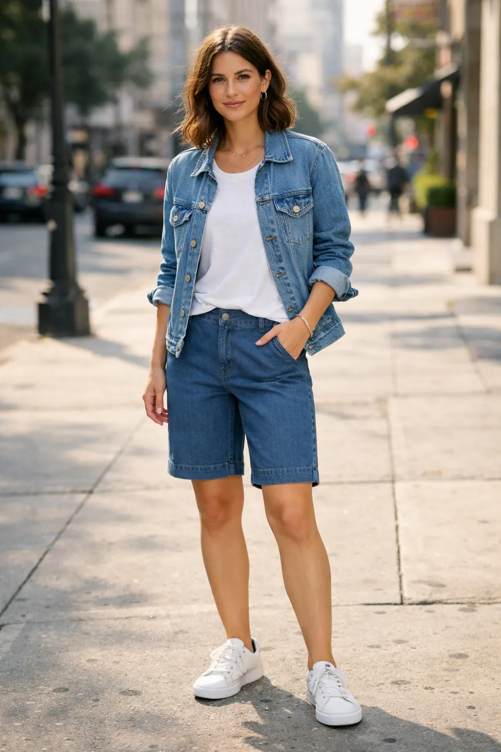 Casual city outfit featuring denim Bermuda shorts paired with a white t shirt, denim jacket and white sneakers creating a relaxed layered summer street style look.