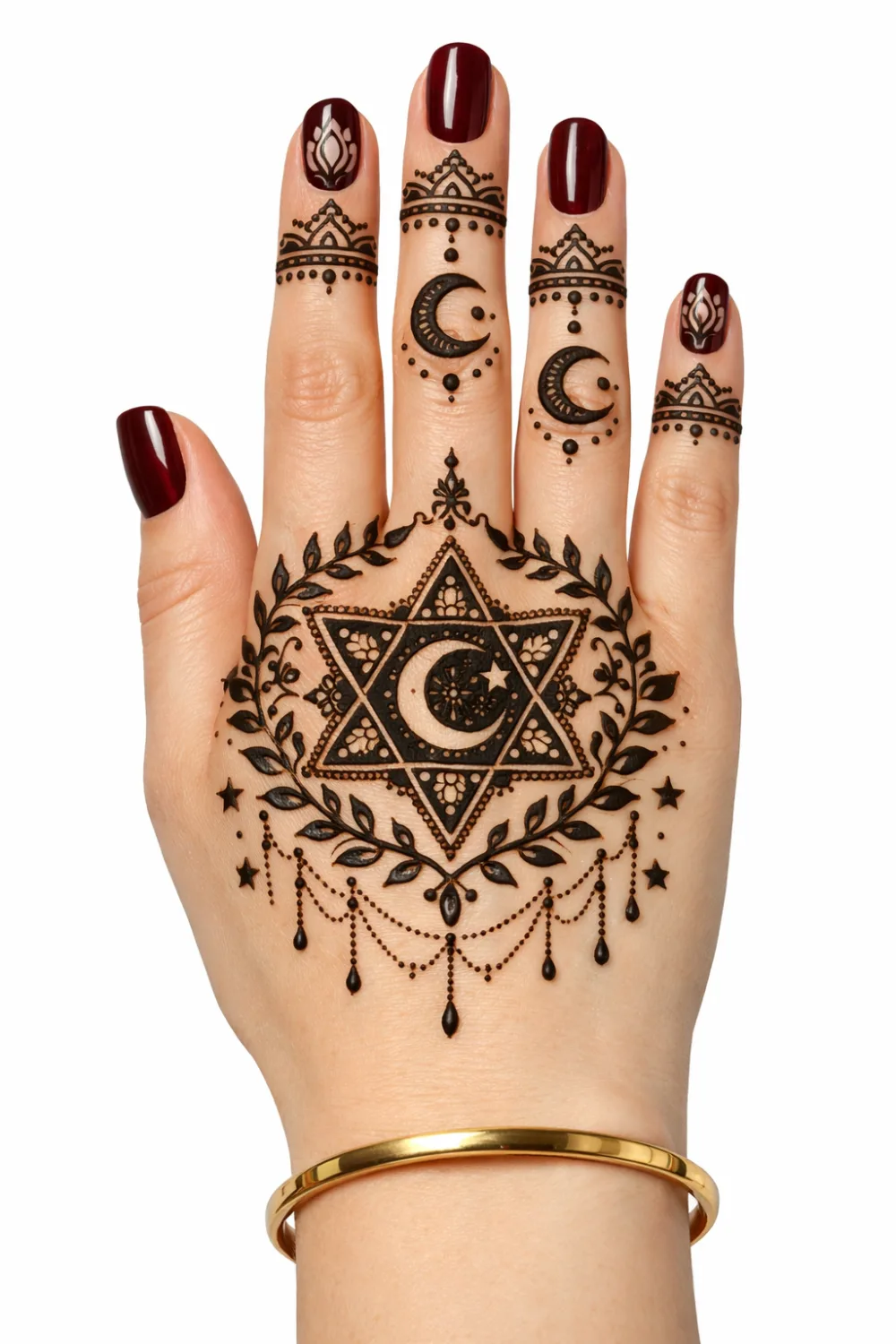 Geometric moon mandala mehndi design with star-shaped frame and delicate vine accents on the hand, modern Arabic henna style perfect for Eid, weddings, and festive celebrations.