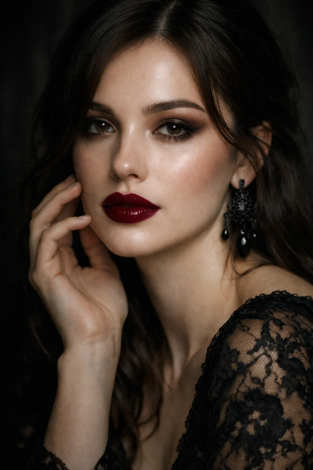 Black cherry glam makeup featuring deep cherry red lips glowing skin soft smoky eyes and elegant gothic romantic beauty aesthetic perfect for dark glam inspiration