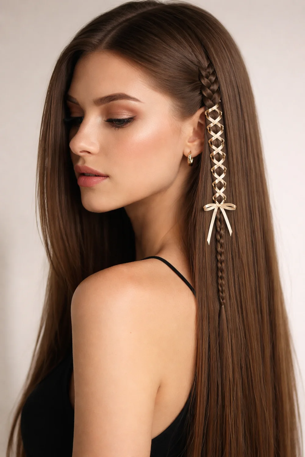 Mini corset accent braid hairstyle with thin ribbon laced through a small side braid creating a delicate corset pattern, simple yet elegant hairstyle idea for long hair