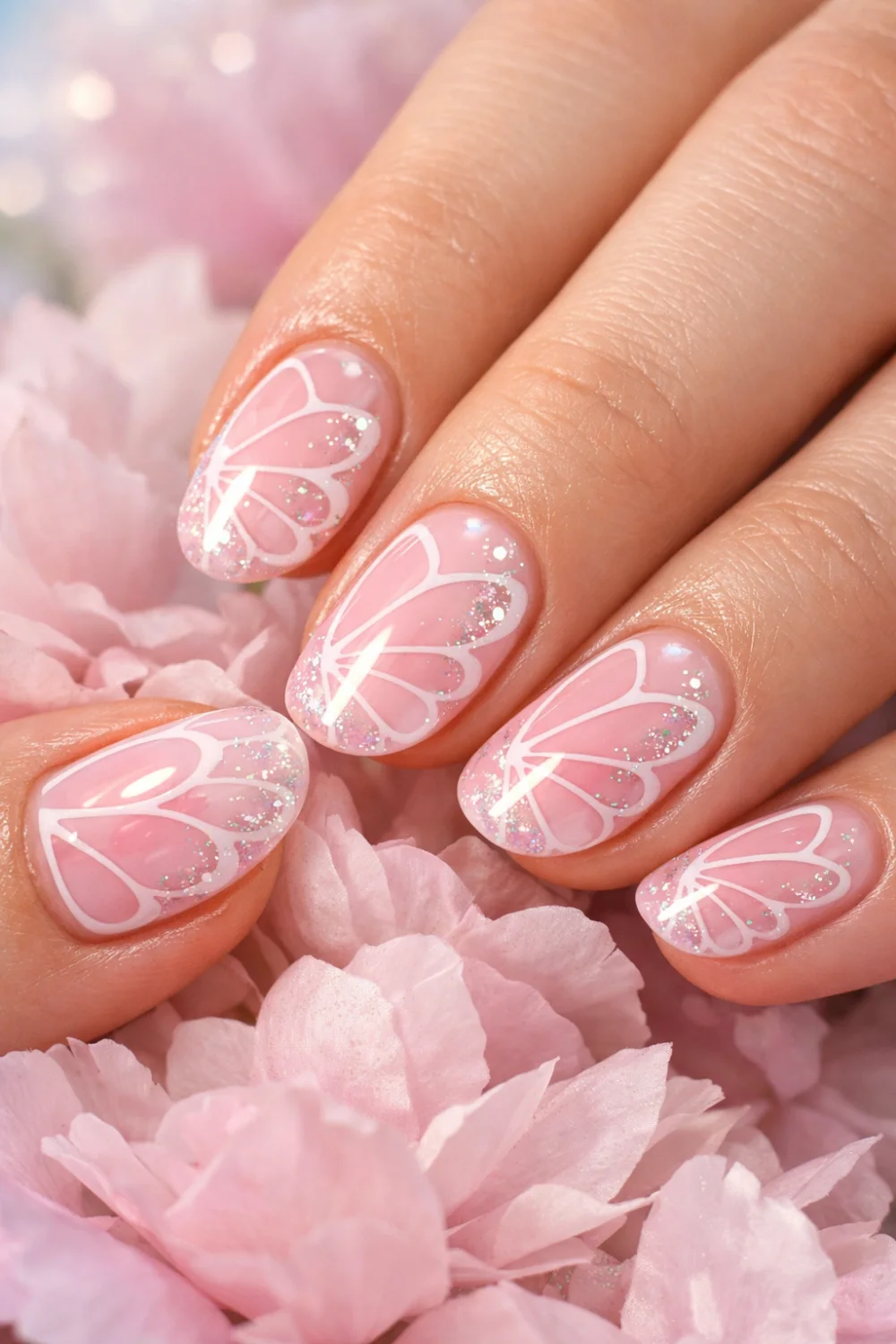 Full female hand holding clear glass orb showing transparent butterfly wing nail art with black outlines and holographic shimmer, glossy gel manicure inspiration