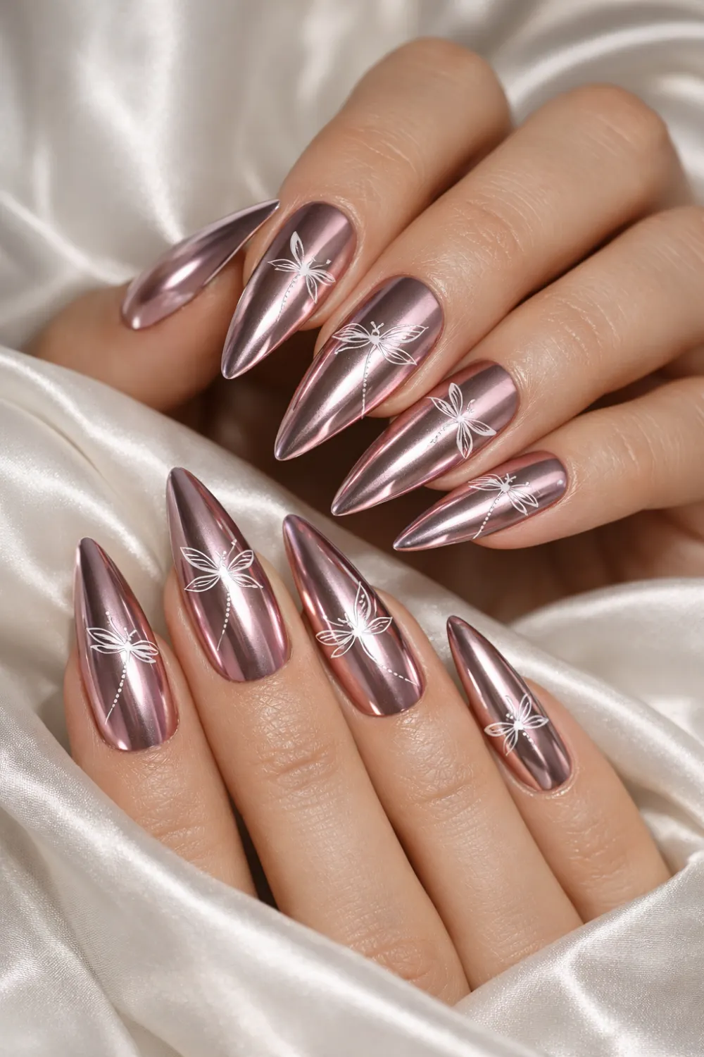 rose chrome dragonfly nail art with metallic shine modern luxury manicure design