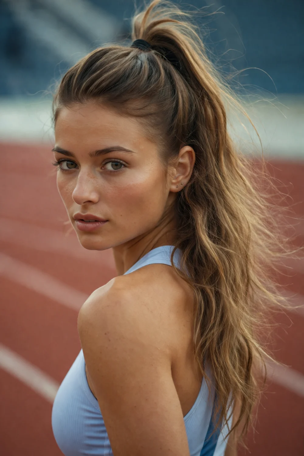 Female runner with half up ponytail hairstyle on stadium track, sporty athletic hair inspiration for runners, track practice hairstyle and stylish workout look