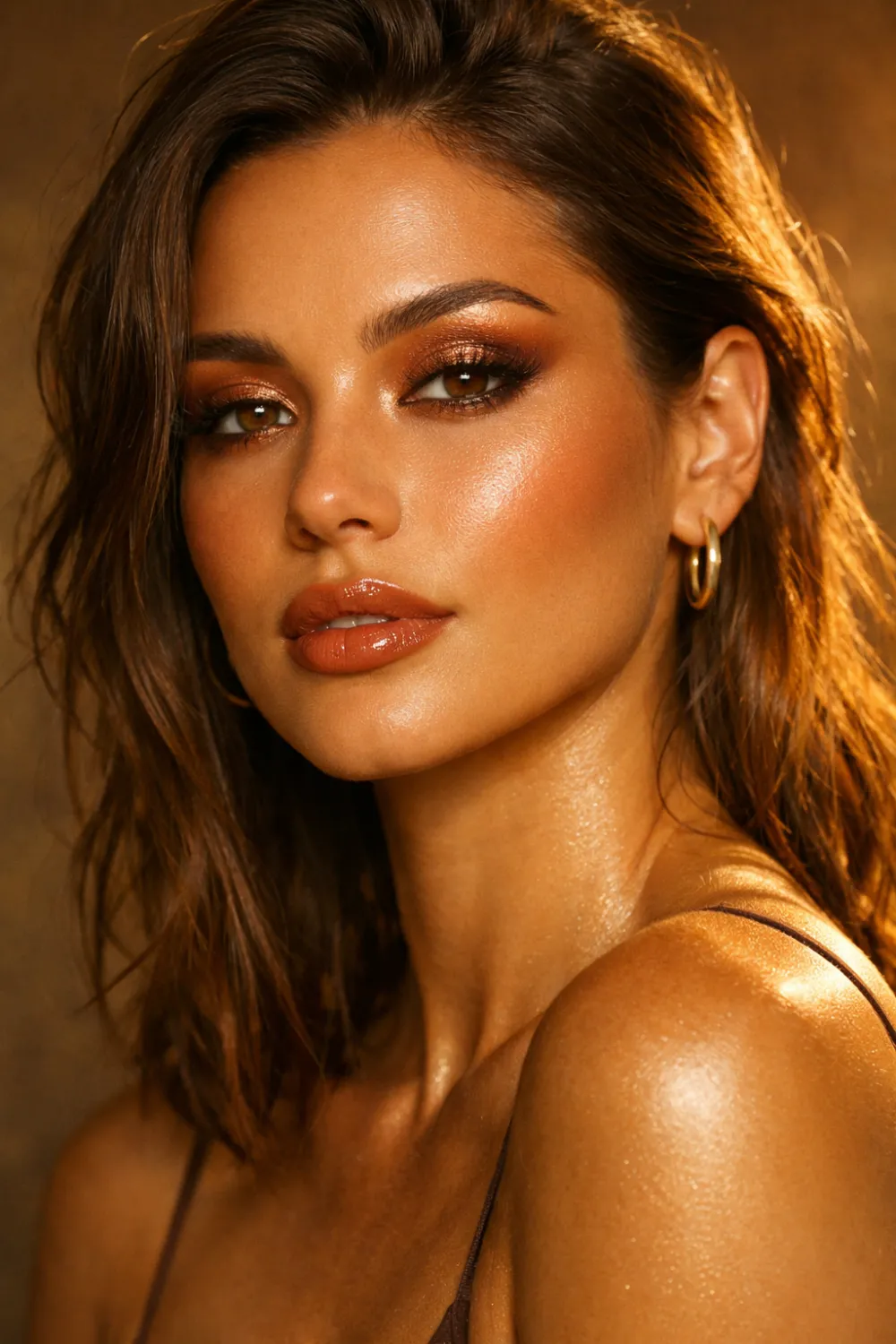 Golden hour latte makeup look with bronze shimmer eyeshadow glowing bronzed skin and glossy caramel lips creating a warm sunset inspired beauty aesthetic trending on Pinterest.
