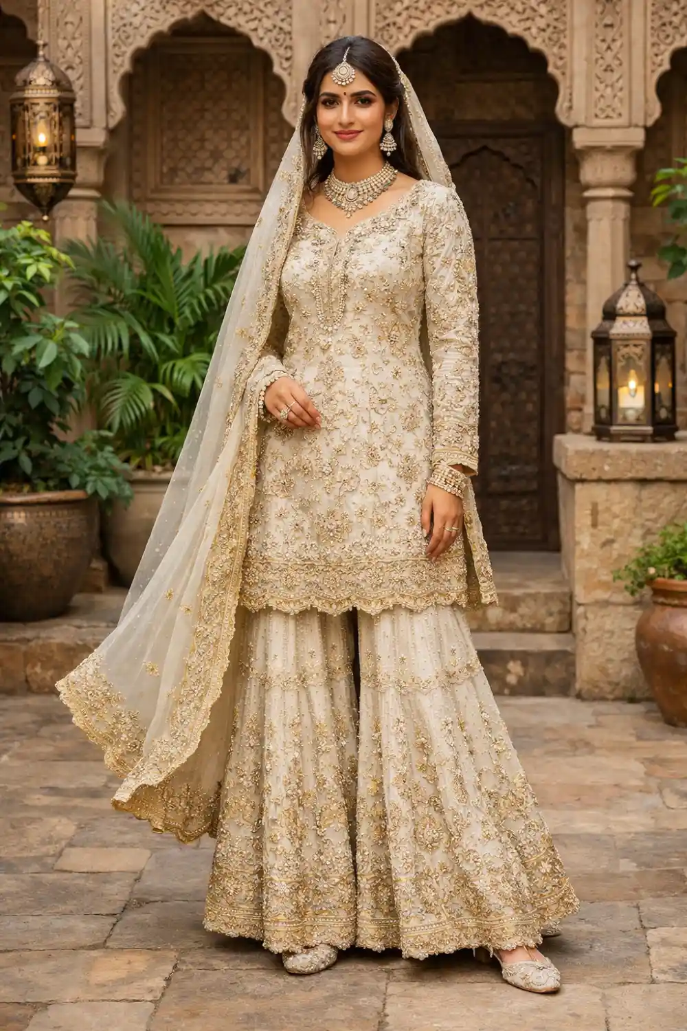 Elegant bride wearing an ivory embroidered bridal sharara with delicate gold detailing and flowing dupatta, standing in a traditional courtyard with lantern decor.