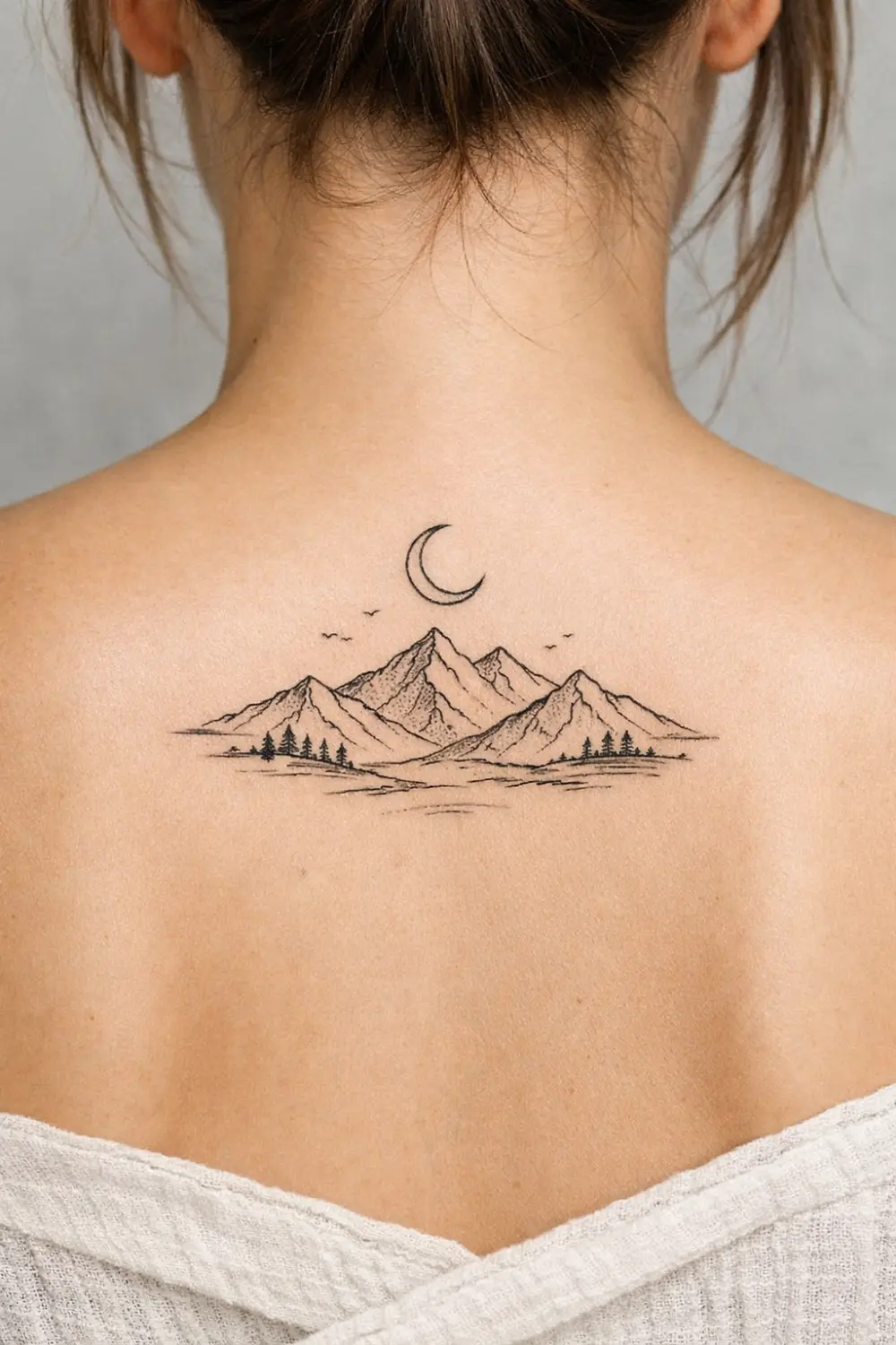 Mountain and moon upper back tattoo for women symbolizing endurance strength and perseverance, minimalist mountain tattoo design trending on Pinterest feminine back tattoos.