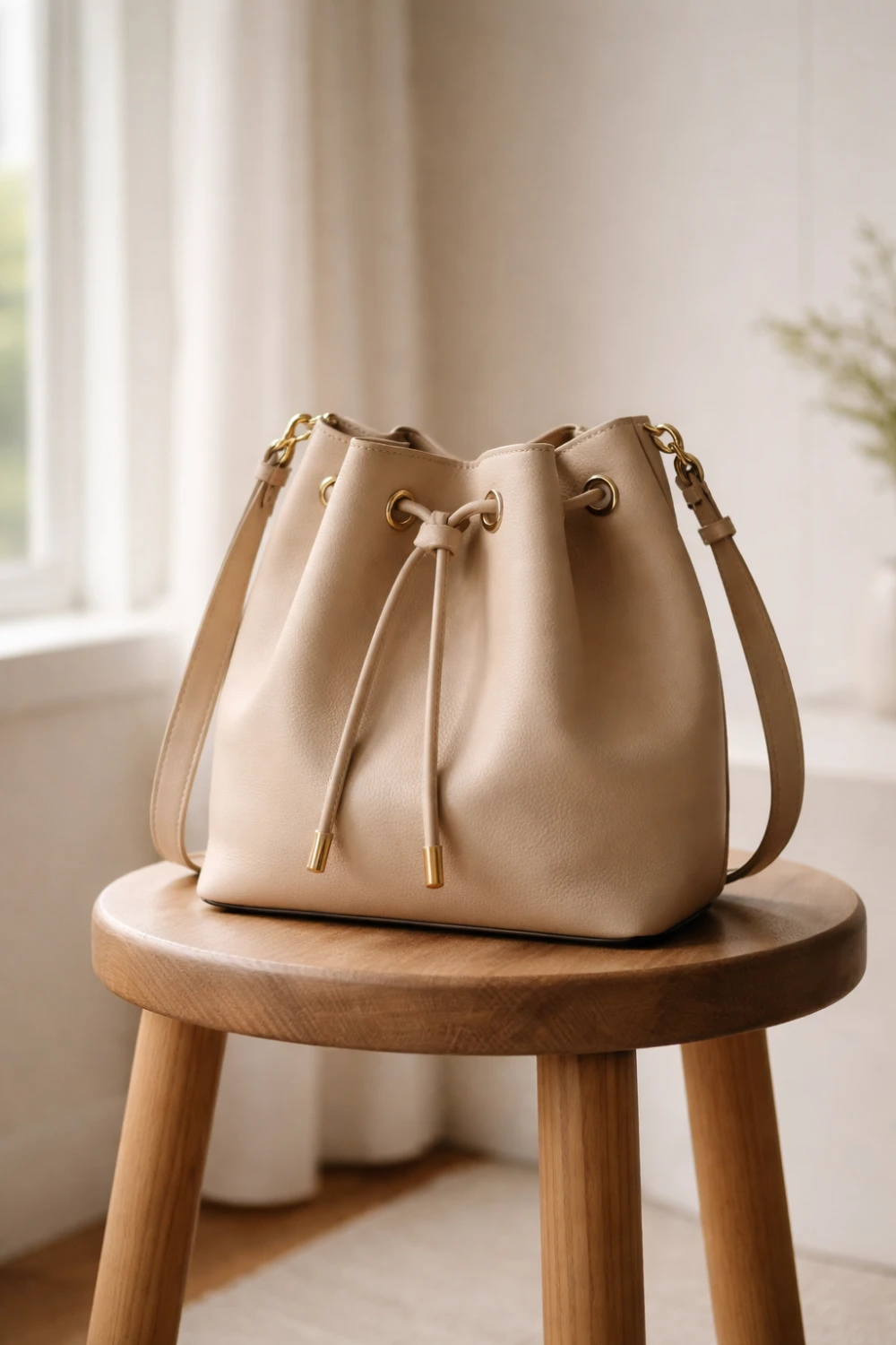 Minimal beige leather bucket handbag with drawstring closure placed on wooden stool, minimalist bucket bag trend for women fashion 2026.