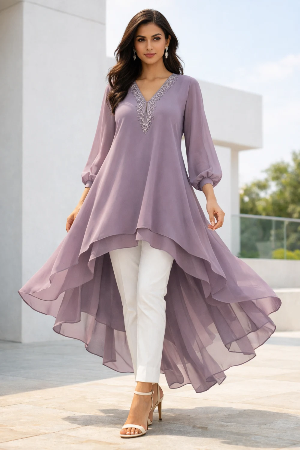 Mauve high low kurti with flowing layered hemline, elegant V neckline embroidery and soft chiffon fabric paired with white trousers, stylish modern kurti outfit inspiration.
