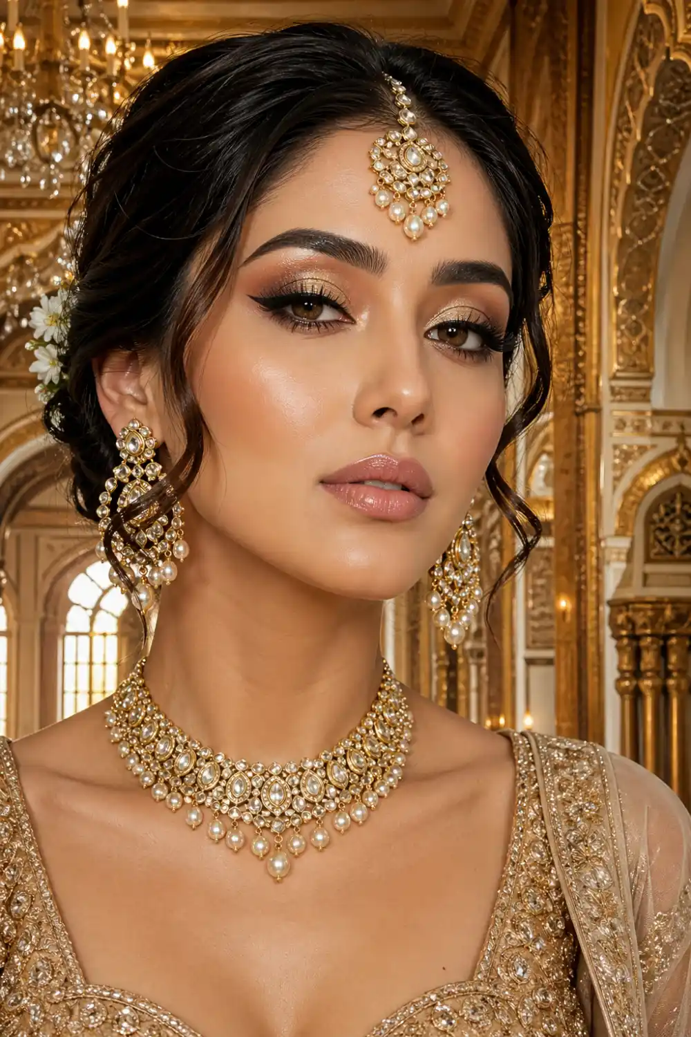 champagne gold bridal makeup close up shimmer eyes glowing skin nude glossy lips luxury bridal glam look