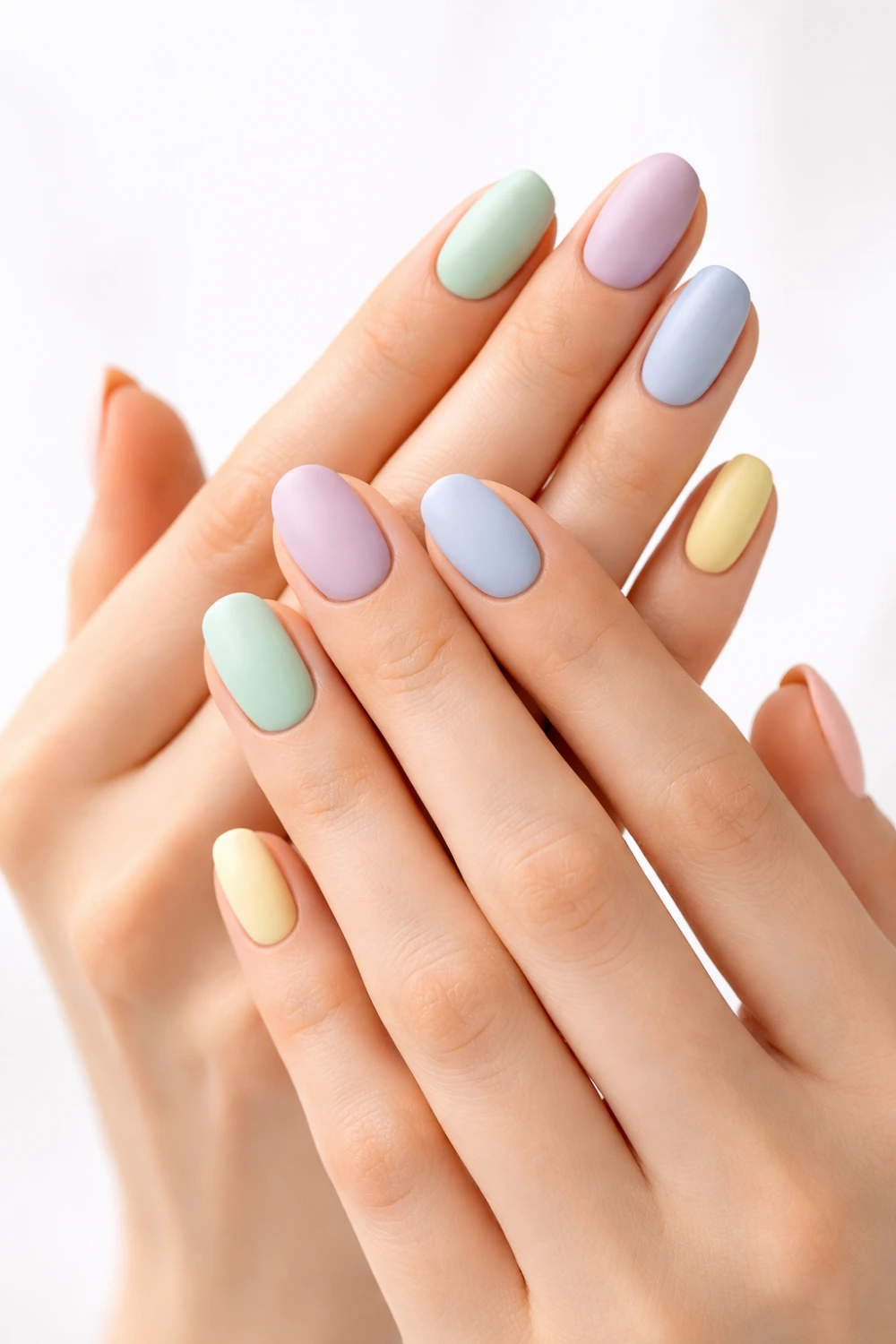 Short oval nails in matte pastel shades including mint, lilac, blue, and yellow on slim feminine hands, smooth finish, minimal bright background