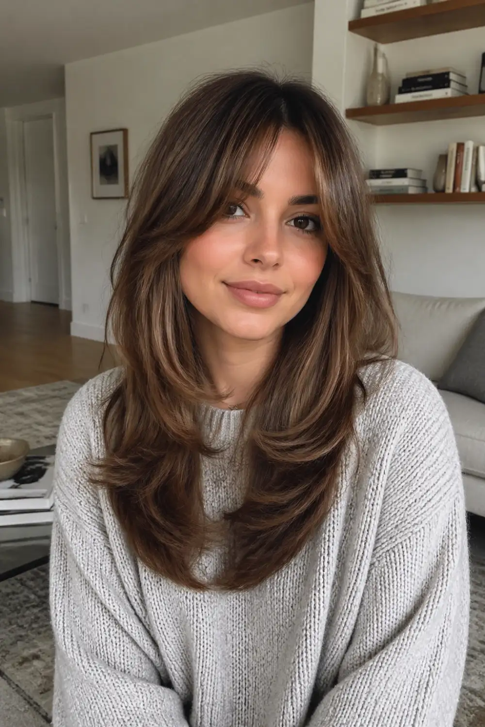 medium length layered hair with curtain bangs soft blowout volume and movement head to chest portrait in cozy living room with sofa decor and natural lighting