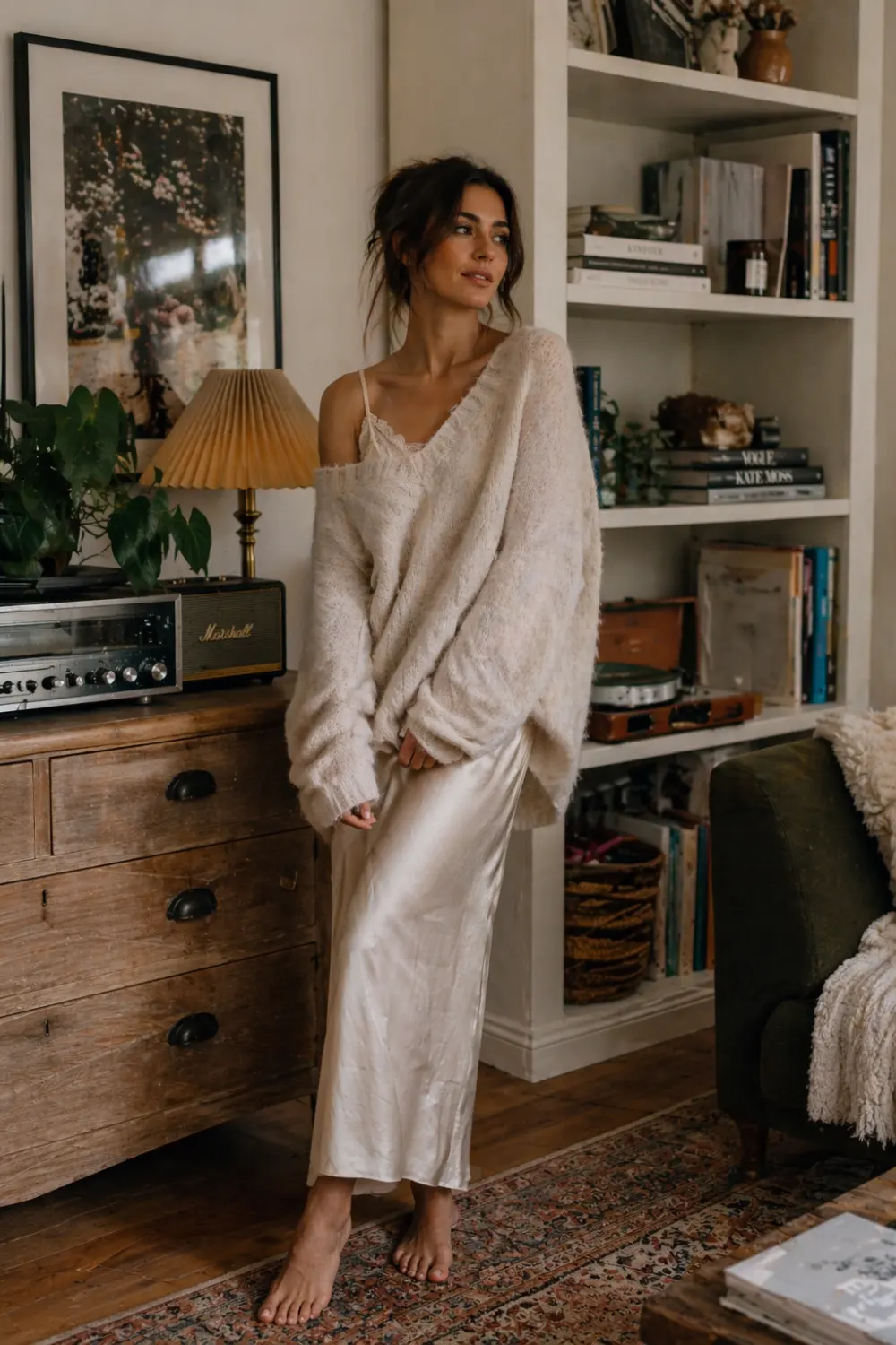 knit sweater over slip dress outfit poetcore aesthetic cozy romantic indoor look full body soft textures layered outfit neutral tones