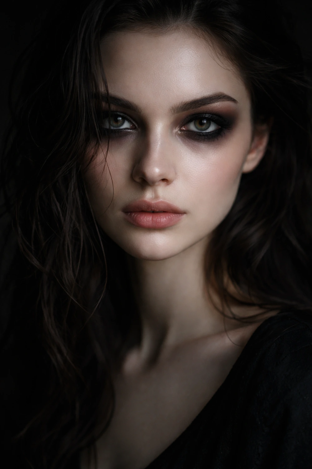 Dark romantic grunge makeup look featuring smudged smoky eyes natural lips and moody gothic beauty aesthetic creating edgy dark feminine makeup inspiration