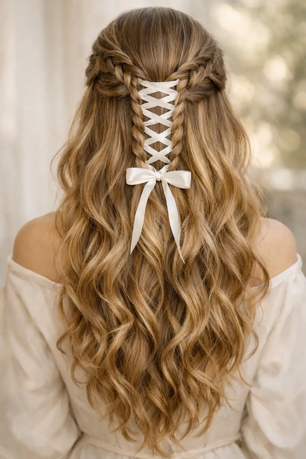 Soft waves corset braid hairstyle with ribbon laced between braids and loose flowing waves creating a romantic crisscross corset design for long wavy hair