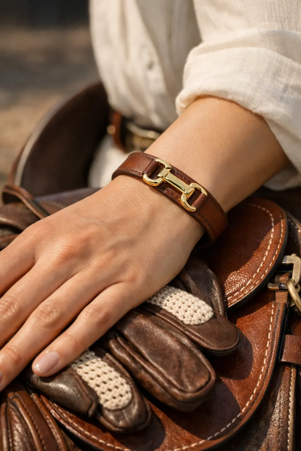 Brown leather bracelet with gold hardware worn on a wrist resting on leather accessories, reflecting an equestrian inspired old money jewelry style with rich textures.