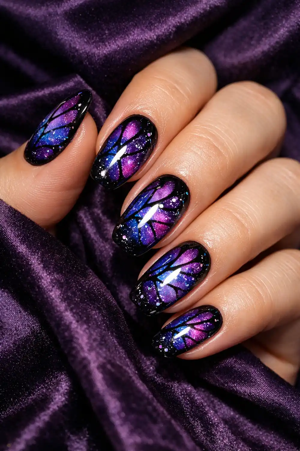 Full female hand on purple fabric showing galaxy butterfly wing nail art with purple blue and pink colors, star glitter manicure butterfly nail inspiration