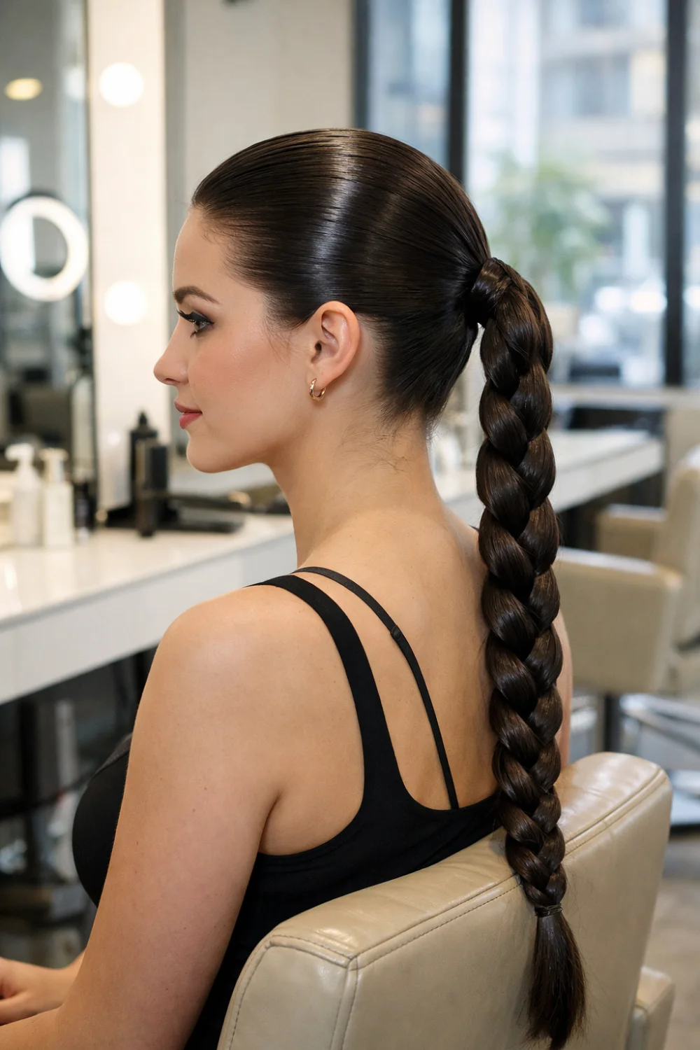 Sleek slicked back braided ponytail hairstyle with glossy hair styled into a long braid inside a luxury salon, a modern polished braid look.