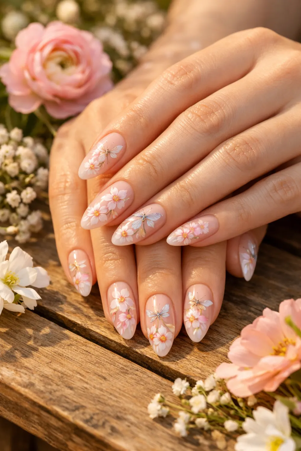 floral dragonfly nail art with nude base and flower design spring manicure inspiration