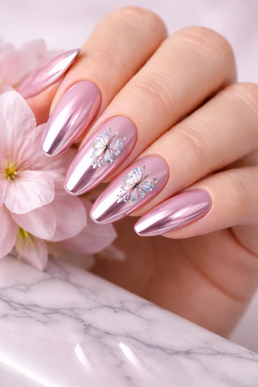 Pink chrome nails with delicate butterfly nail art on glossy almond manicure, reflective metallic finish with soft feminine details, trendy butterfly chrome nail inspiration