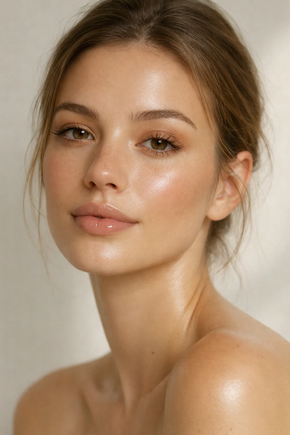 Natural latte makeup look featuring soft caramel eyeshadow glowing skin and glossy nude lips creating a fresh minimal beauty aesthetic trending on Pinterest everyday makeup inspiration.