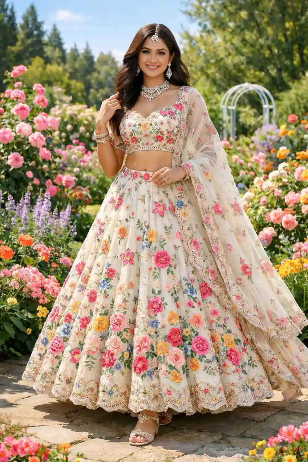 Beautiful bride wearing a floral embroidered bridal lehenga with colorful flower patterns and soft flowing dupatta, standing in a vibrant garden filled with blooming flowers.