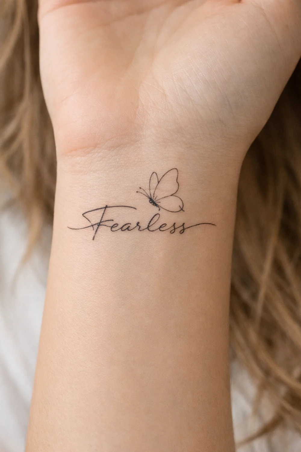 Fearless butterfly wrist tattoo for women with elegant script lettering symbolizing courage and transformation, feminine inspirational wrist tattoo trending on Pinterest.