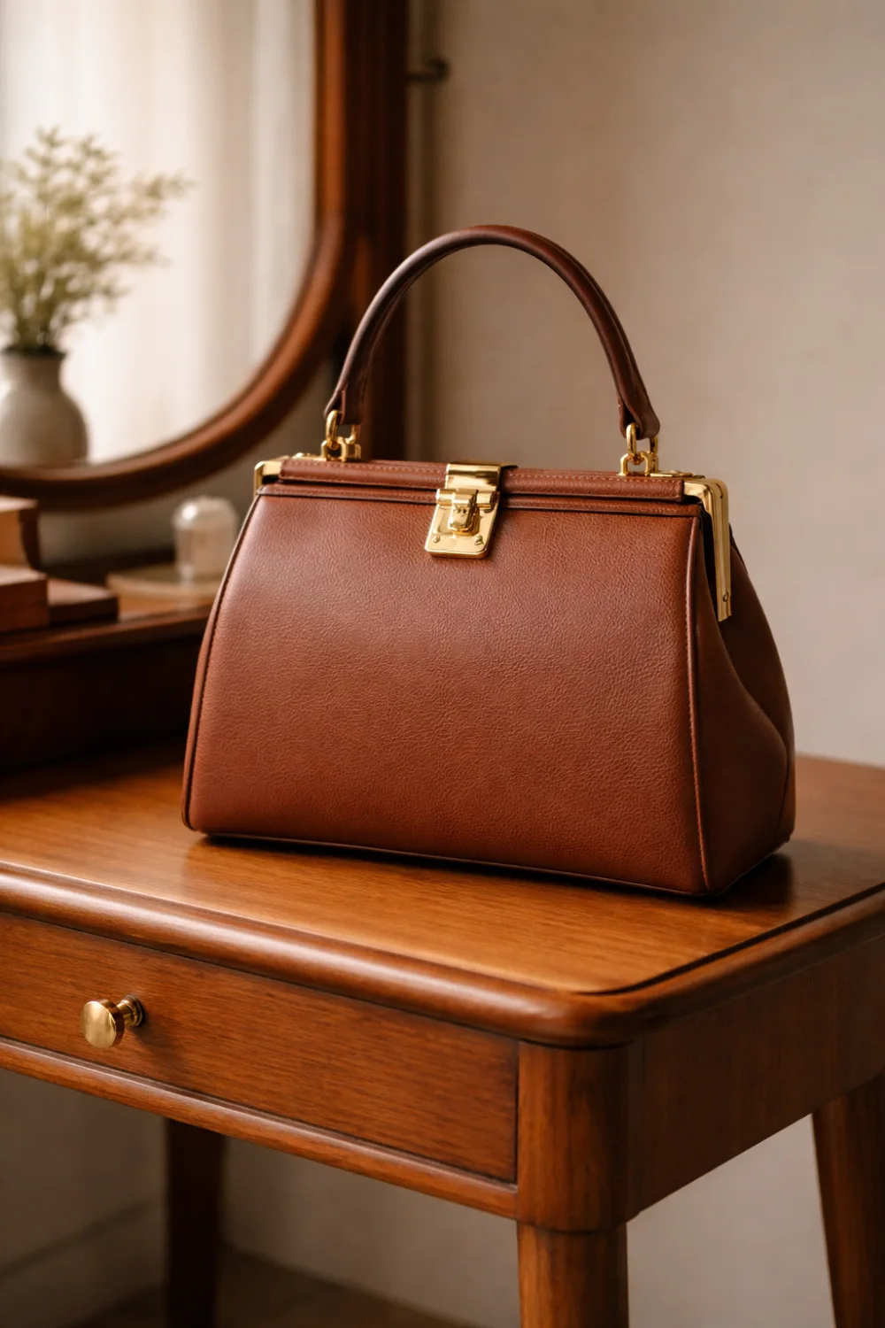 Vintage inspired brown leather top handle handbag with gold clasp placed on wooden vanity table, classic handbag trend for women fashion 2026.