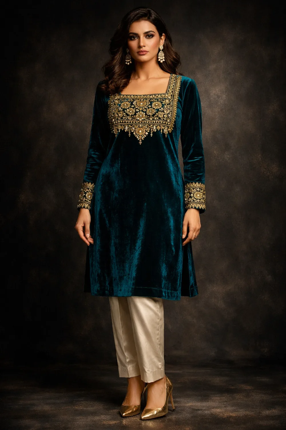 Luxury teal velvet kurti with intricate gold embroidery on neckline and cuffs paired with neutral trousers, rich festive designer kurti outfit perfect for evening occasions.