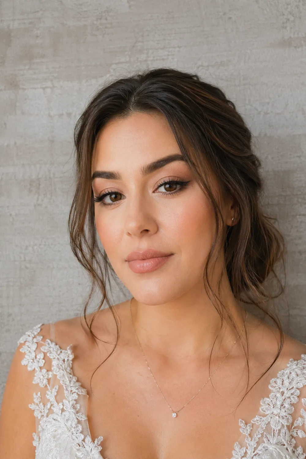 soft winged liner bridal makeup close up natural eyes nude lips subtle glam clean elegant bridal makeup