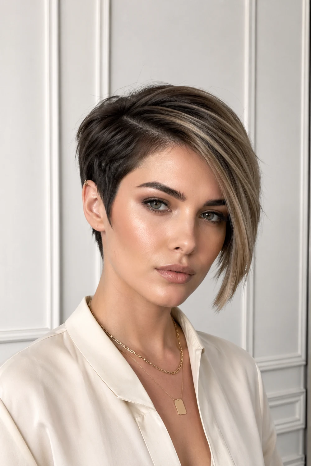 asymmetrical bixie haircut with one side longer, angled short hairstyle, modern edgy bixie cut, uneven layered hair inspiration for women