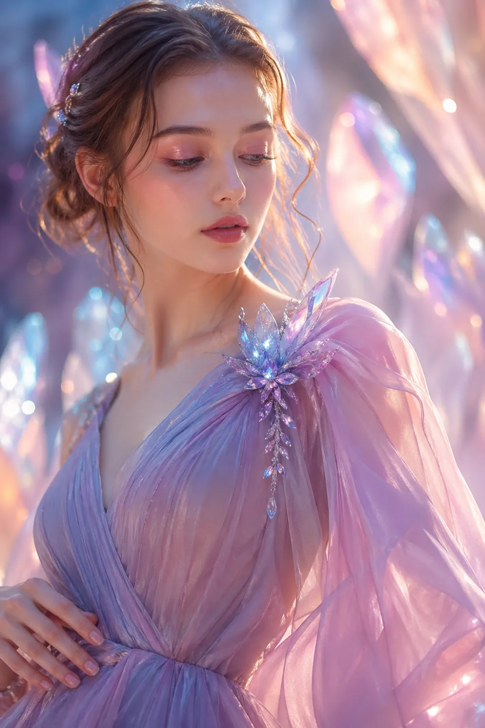 Dreamy fashion model wearing a flowing pastel dress with a fantasy-inspired crystal brooch on the shoulder, glowing light effects, soft colors, magical aesthetic styling