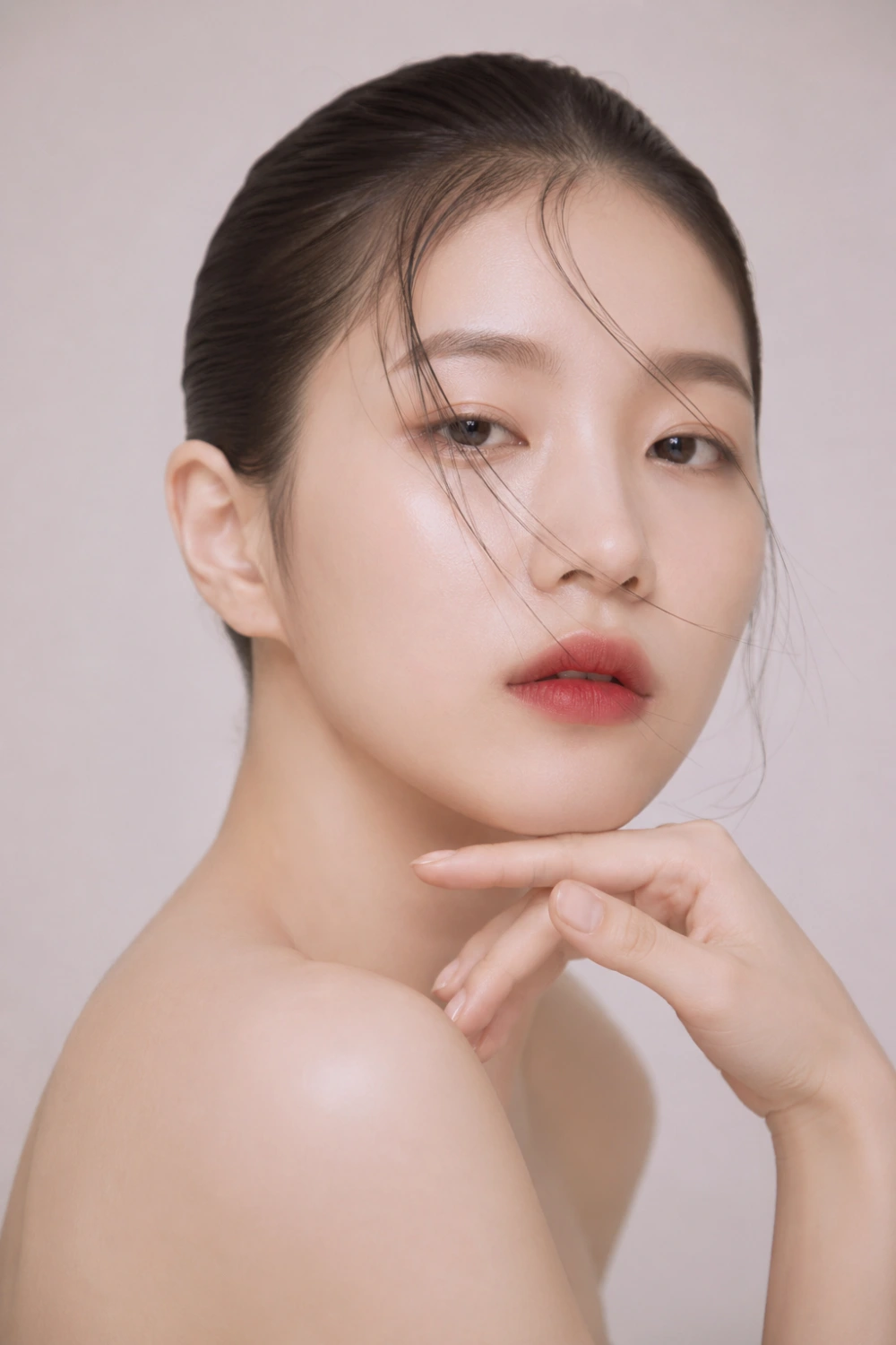 Soft blurred red lipstick look with diffused edges, slicked back hair, natural glowing skin, minimal makeup, light airy background, soft modern beauty aesthetic