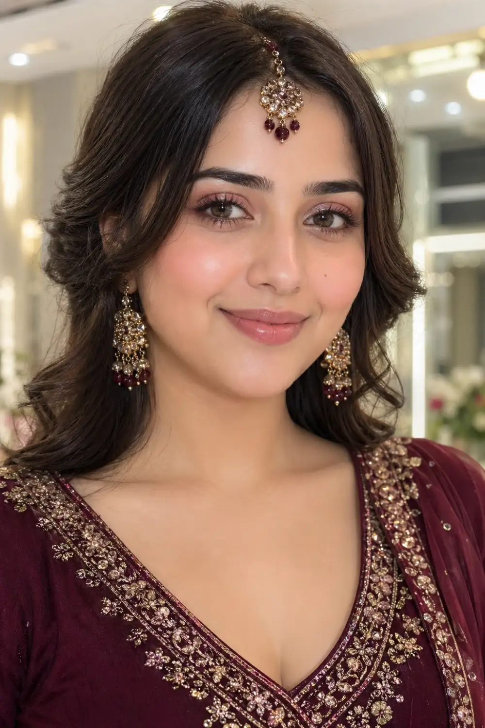 Bridesmaid blush with highlighter glow, radiant cheekbones, luminous skin finish, soft glam bridal makeup, Pakistani bridesmaid portrait, glowing beauty look