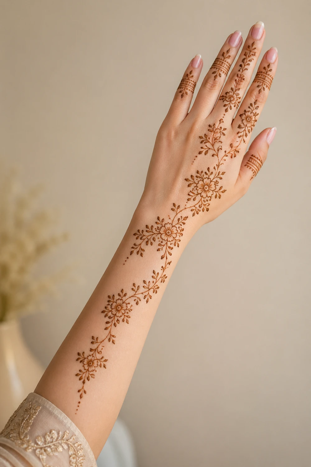 minimal floral trail full sleeve mehndi design with delicate flowers and thin vine pattern, light airy spacing, modern simple henna design from fingers to arm, elegant bridal look