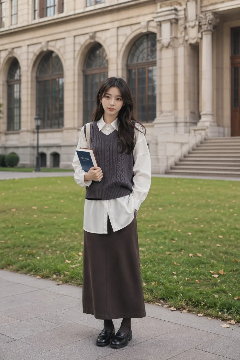 knit vest over shirt long skirt outfit poetcore aesthetic academic style full body campus look bookish fashion soft neutral tones