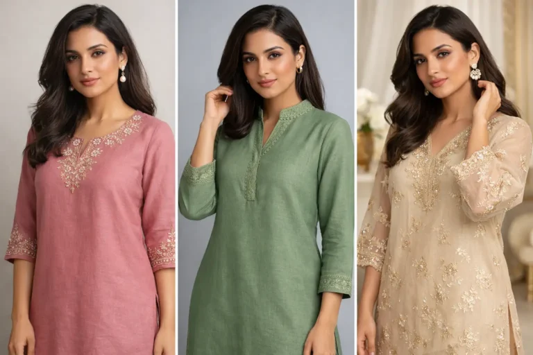 Three elegant designer kurti designs featuring dusty rose embroidered kurti, sage green minimal kurti and champagne beige embroidered kurti, modern Pakistani fashion inspiration for stylish women outfits.