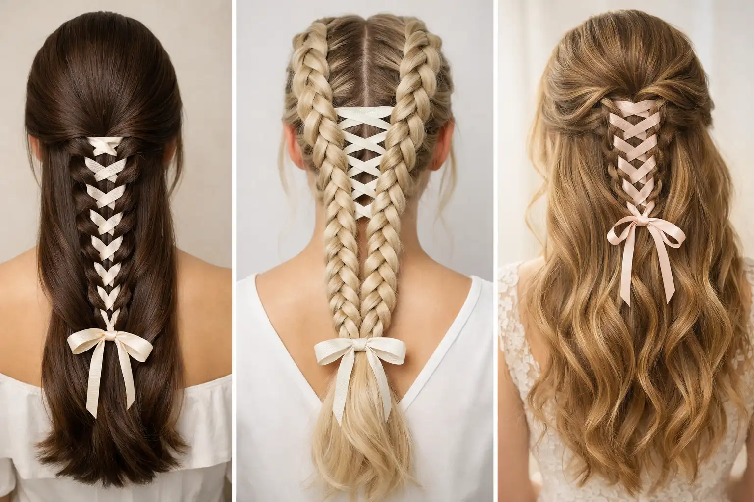 Three corset braid hairstyles collage featuring ribbon lace braids including classic corset braid, double dutch corset braids, and half up corset braid hairstyle, elegant braided hair ideas for long hair