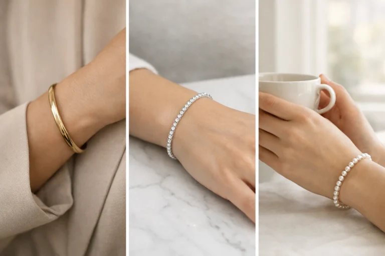 Three stylish old money bracelets including a gold bangle, diamond tennis bracelet, and pearl bracelet displayed on women's wrists in a clean grid layout, showcasing timeless quiet luxury jewelry style.
