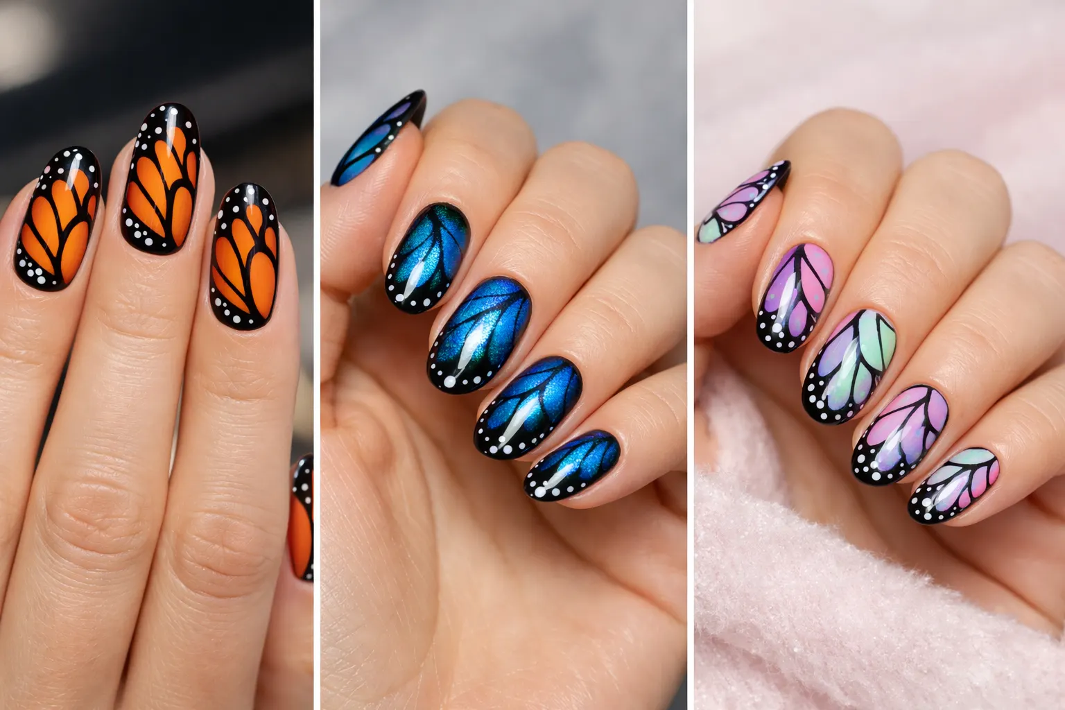 Collage of three butterfly wing nail designs showing monarch orange wings, blue morpho butterfly nails, and pastel butterfly wing manicure on full female hands with glossy gel nails