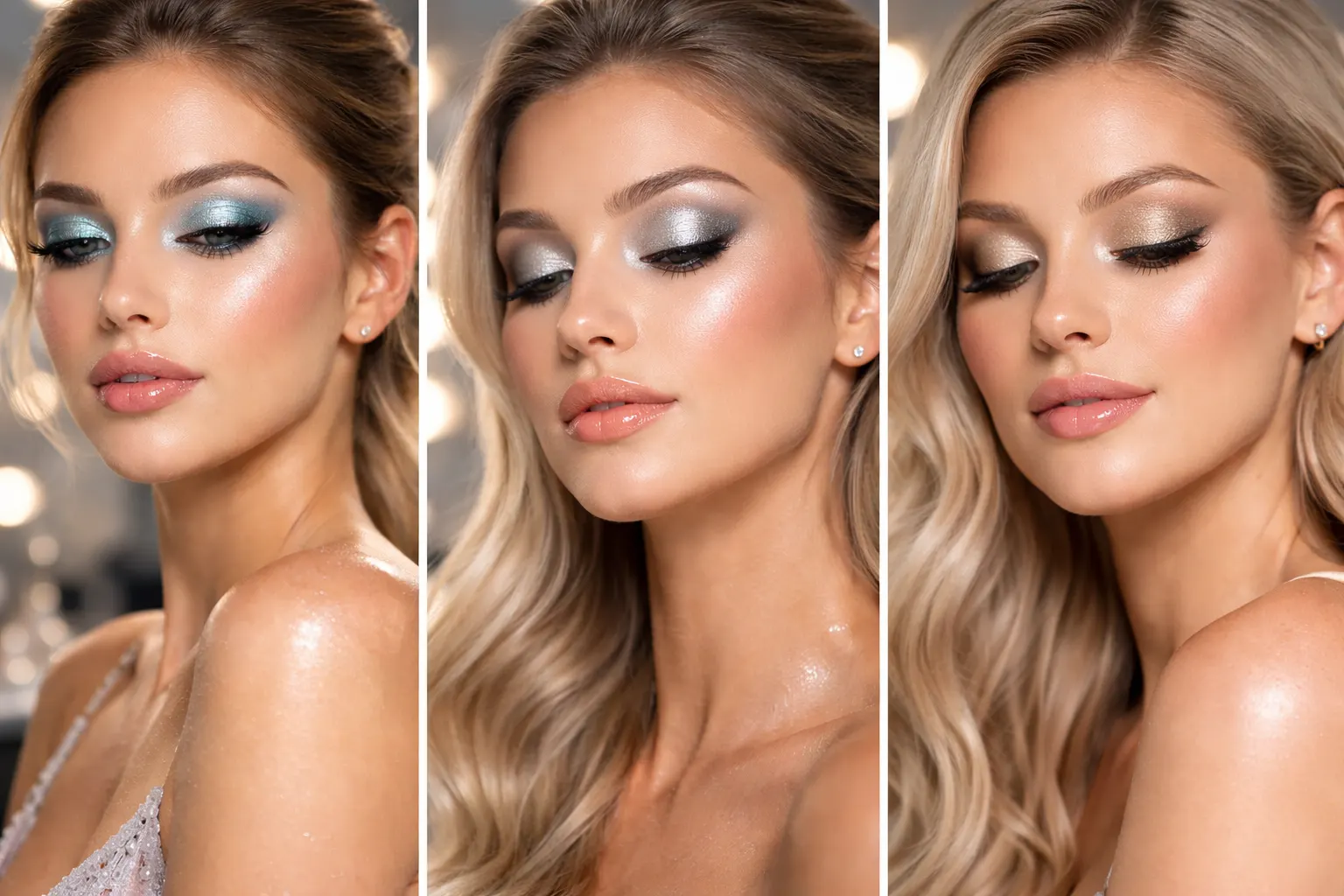 Collage of three frosted makeup looks featuring icy blue and silver shimmer eyeshadow, glowing highlighted skin, and glossy nude lips in a professional makeup salon photoshoot beauty style.