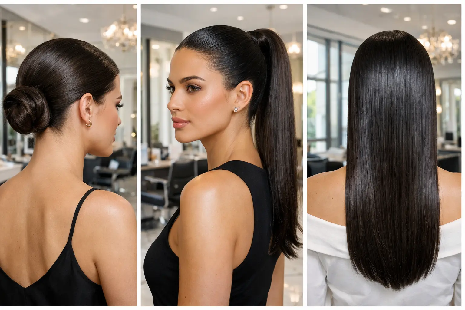 Elegant slicked back hairstyles collage showing sleek low bun, glossy high ponytail, and long straight hair styled in a luxury salon, modern polished hairstyle inspiration.