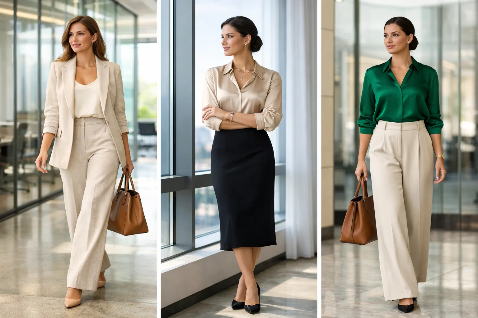 Collage of three elegant women wearing chic summer work outfits including linen suit, satin blouse with pencil skirt, and silk blouse with tailored trousers in a modern office setting.