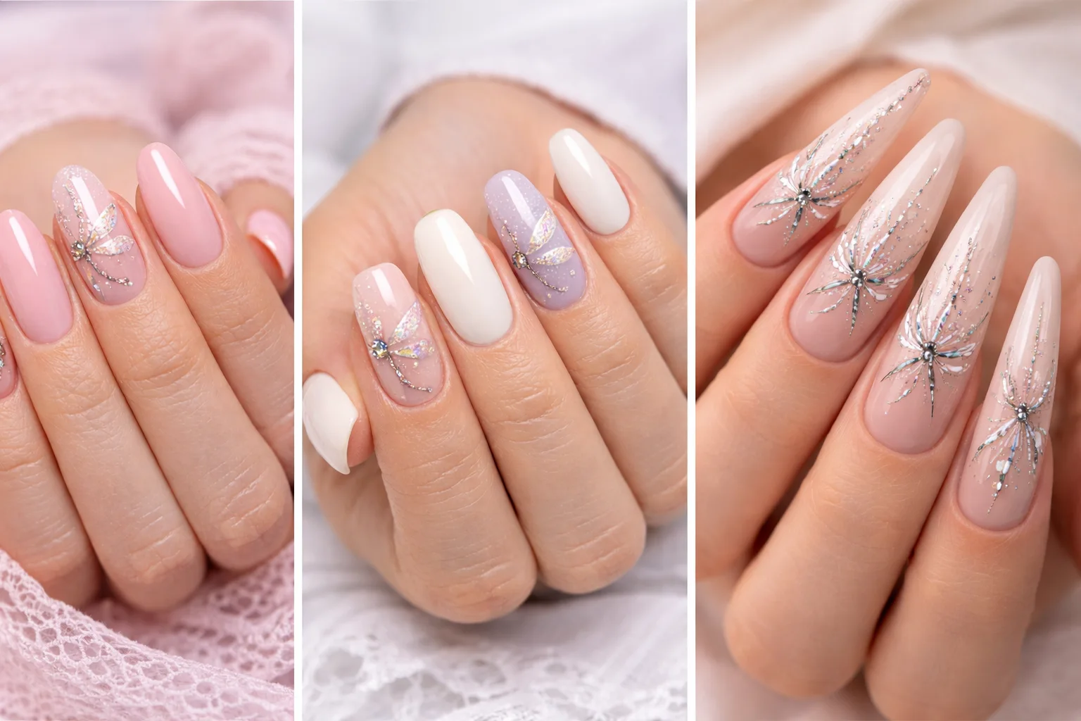 dragonfly nail art collage with soft pink nude and glitter manicure designs trendy elegant nails inspiration