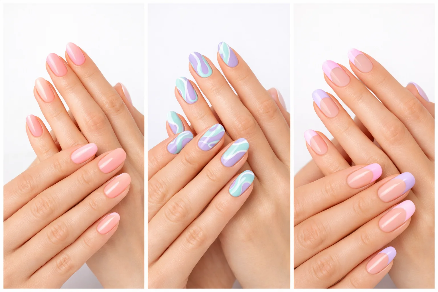 Collage of three pastel nail ideas designs on slim feminine hands featuring soft pink ombre nails, pastel swirl nail art in lavender and mint, and pastel French tip nails, glossy finish, clean bright background